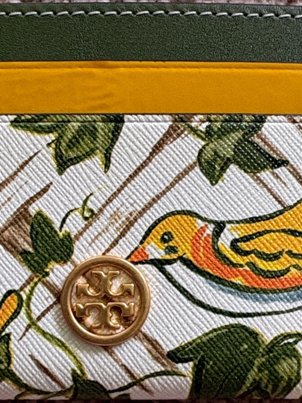 Tory Burch Robinson Yellow & Green Floral Bird Card Holder with Gold Logo - Picture 2 of 7